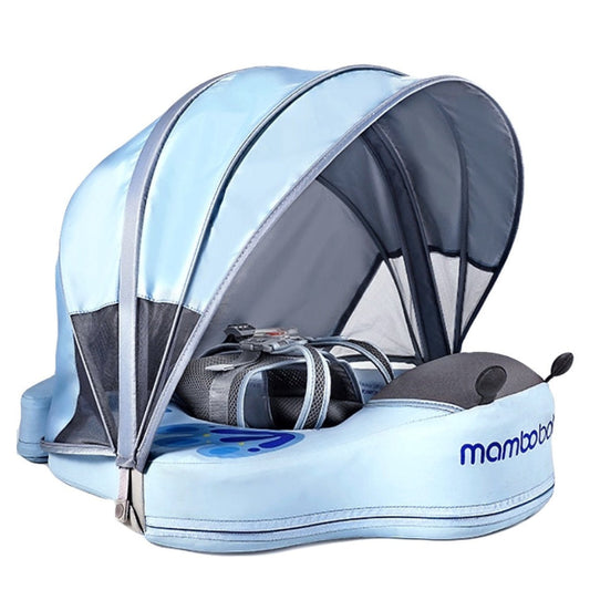 Infant safely swimming in a pool using the Mambobaby™ Blue Butterfly Float for water confidence.