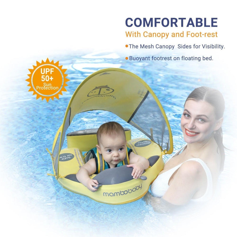 A happy baby safely enjoying the water in a Mambobaby™ Ladybug Float, demonstrating stable 360-degree protection.