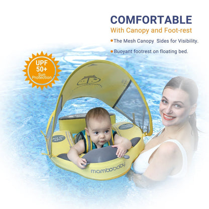 A happy baby safely enjoying the water in a Mambobaby™ Ladybug Float, demonstrating stable 360-degree protection.