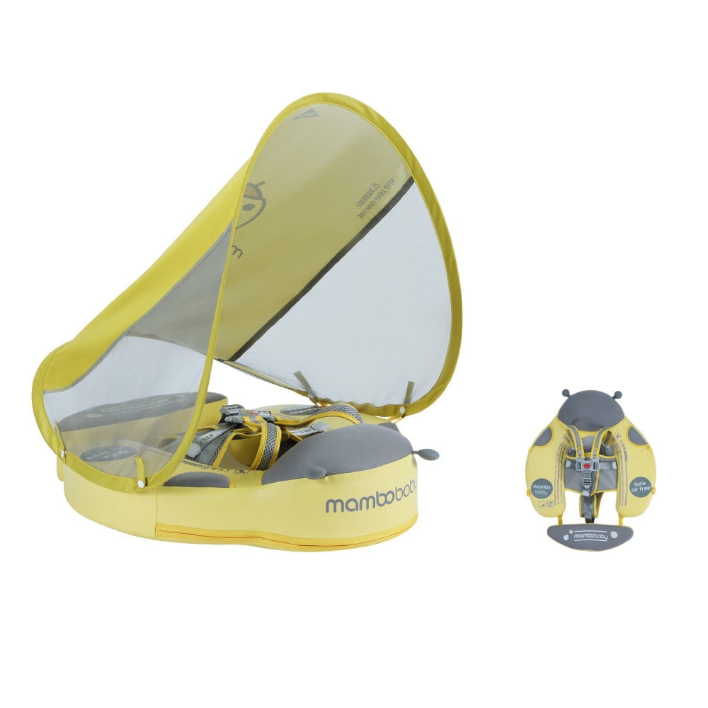 A happy baby safely enjoying the water in a Mambobaby™ Ladybug Float, demonstrating stable 360-degree protection.