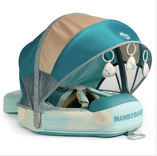 Blue Mambobaby Seashell self-inflating baby float for infants 3-24 months. The perfect safe baby shower gift for UK families.