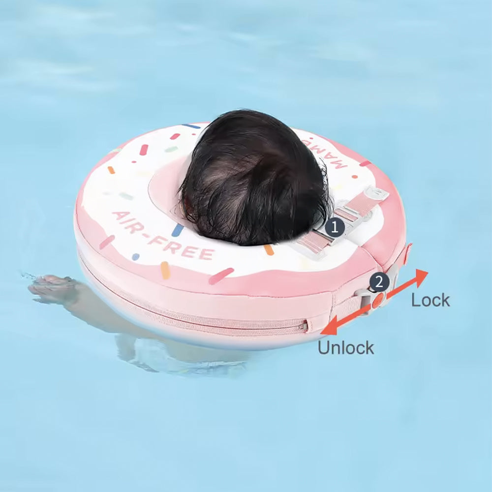 Instructional guide showing how to securely lock the Mambobaby™ Donut Neck Float harness.