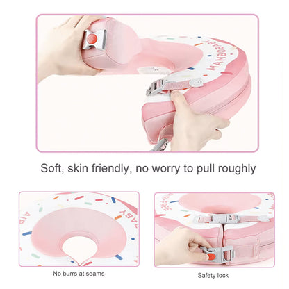 Instructional guide showing how to securely lock the Mambobaby™ Donut Neck Float harness.