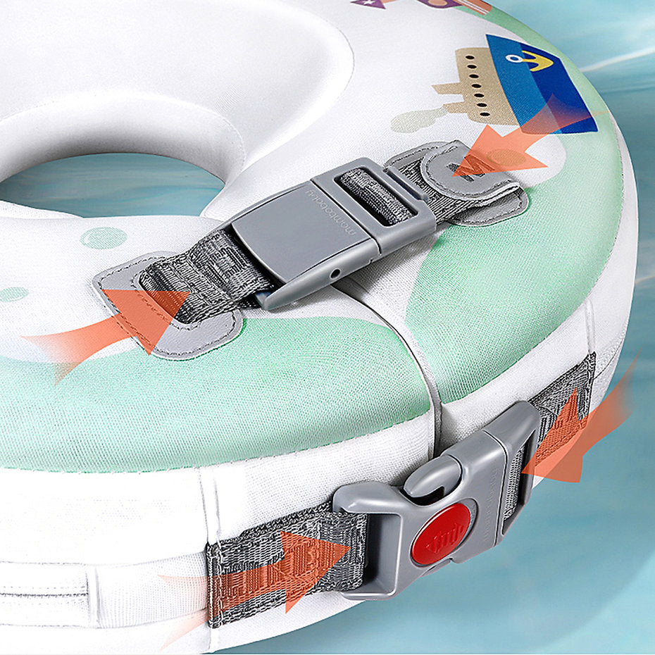 Instructional guide on how to securely lock and unlock the Mambobaby™ Neck Float.