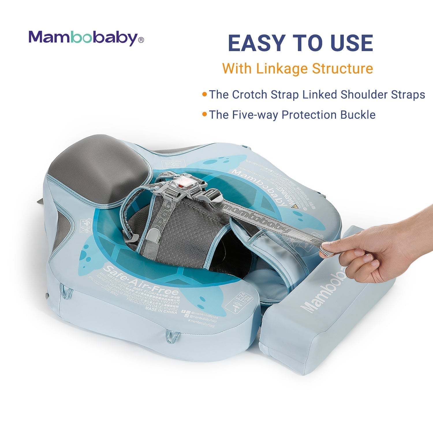 Close-up of the Mambobaby™ child-proof lock and unlock button on the 5-point safety harness system.