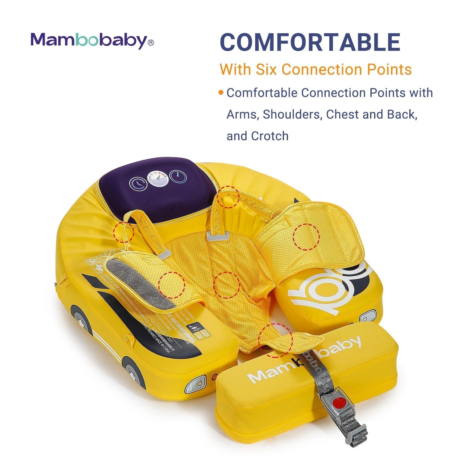 Diagram of the 6-point connection system on the Mambobaby™ Car Float for ultimate comfort and safety.