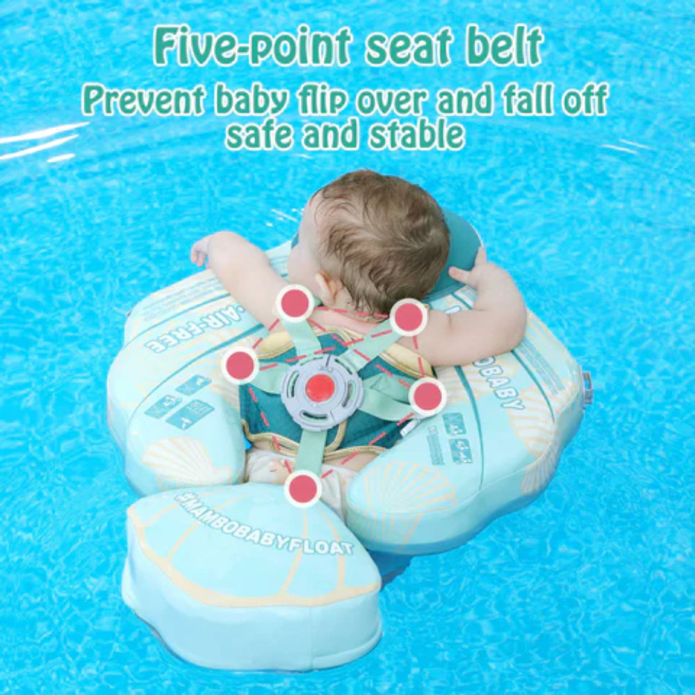 Close-up of the professional 5-point safety buckles on the Mambobaby™ Airplane Float for secure swimming.