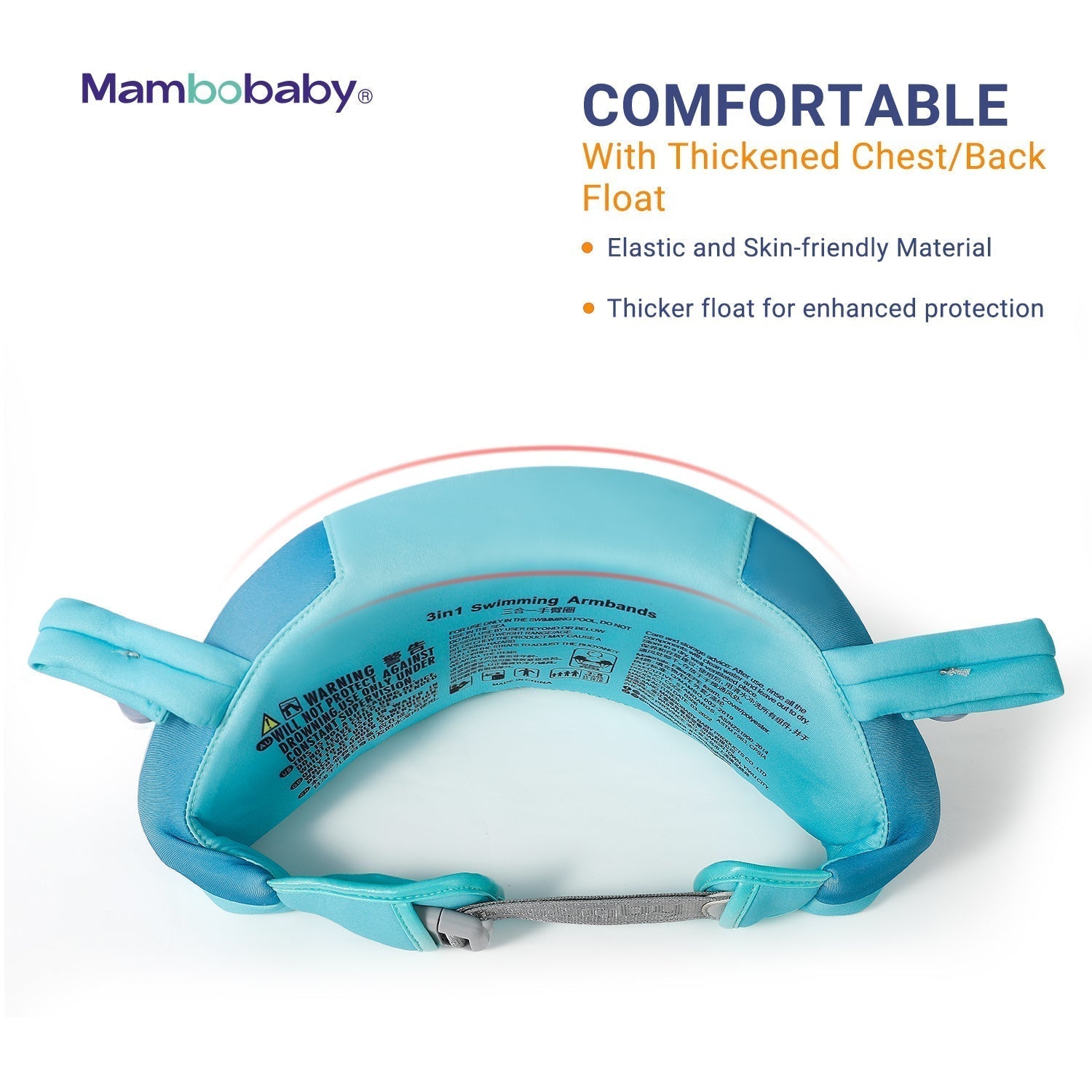 Detail of the Mambobaby™ Air-Free Armbands showing the thickened, ergonomic chest and back float for premium comfort and extra buoyancy for kids aged 3-8 years.