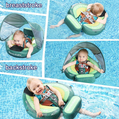 Diagram showing breaststroke and backstroke swim positions supported by the Mambobaby™ Avocado swim trainer.