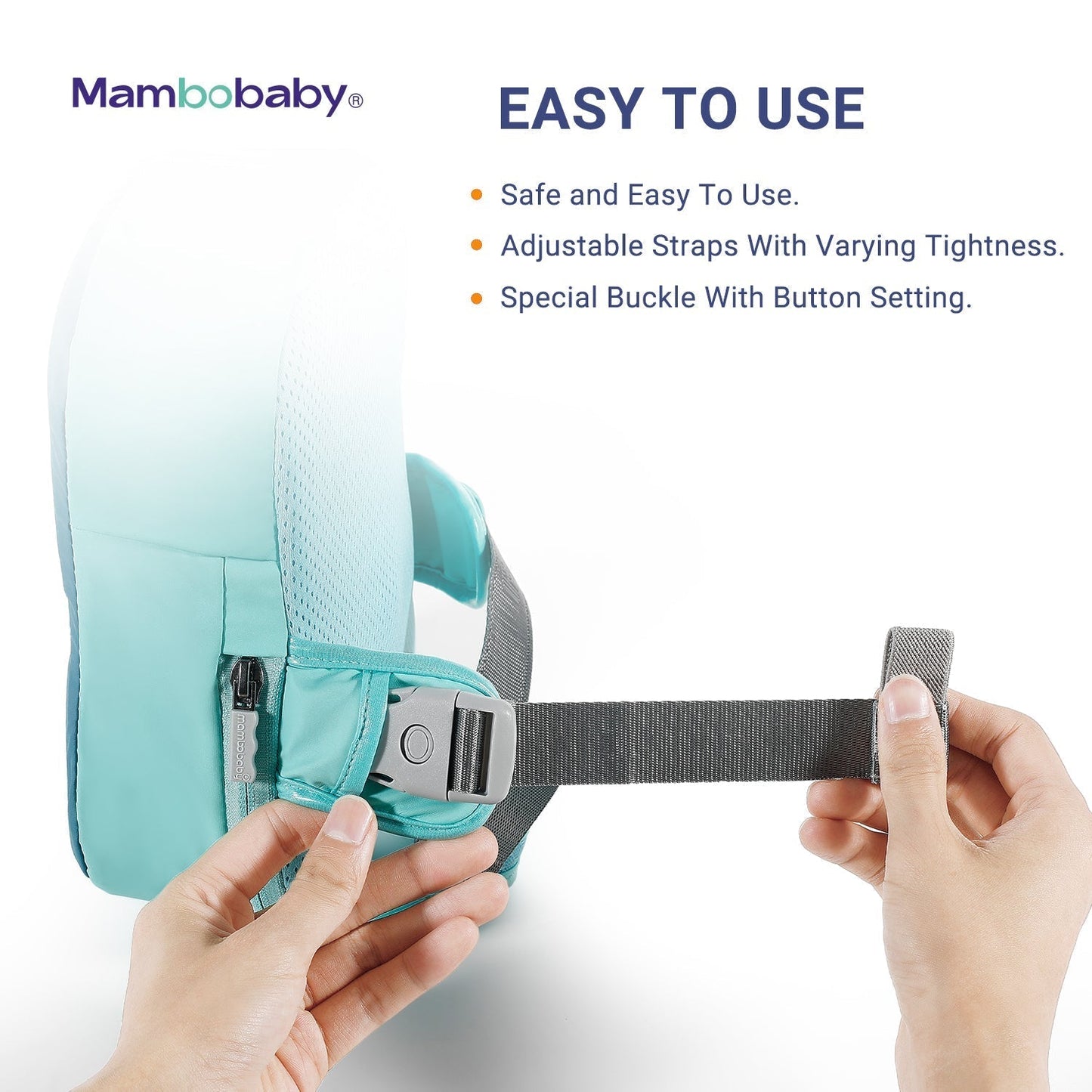 Detail of the adjustable chest strap and security buckles on the Mambobaby™ Back Float.