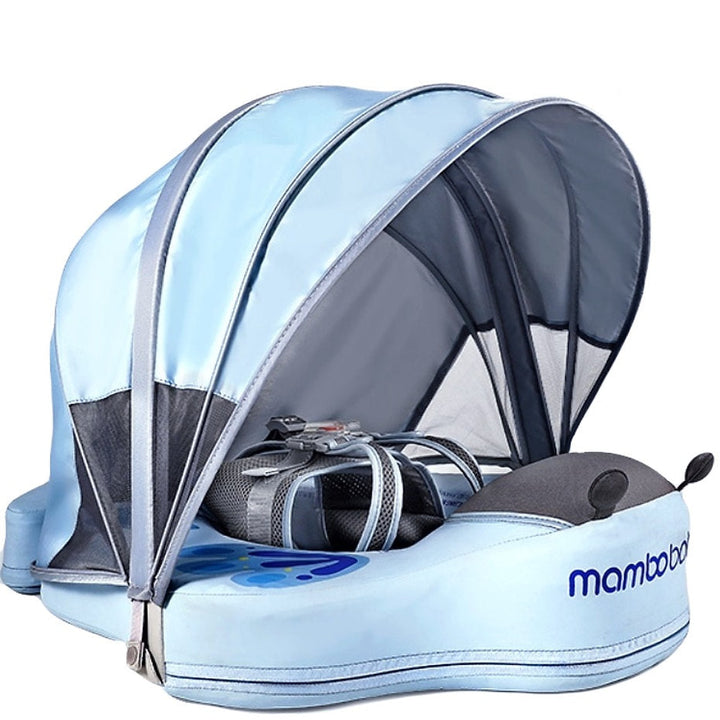 The Mambobaby™ blue Bee swim trainer for babies 3-24 months, showing the air-free core and UPF 50+ canopy.