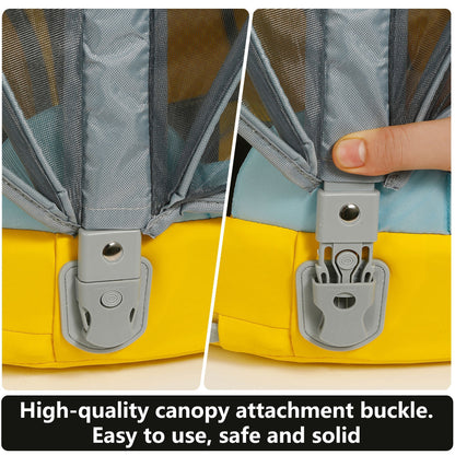 Visual guide showing how to securely lock and unlock the Mambobaby™ Bee Float child-proof harness.