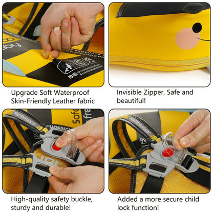 Close-up of the child-proof safety lock and unlock button on the Mambobaby™ Bee Float harness.