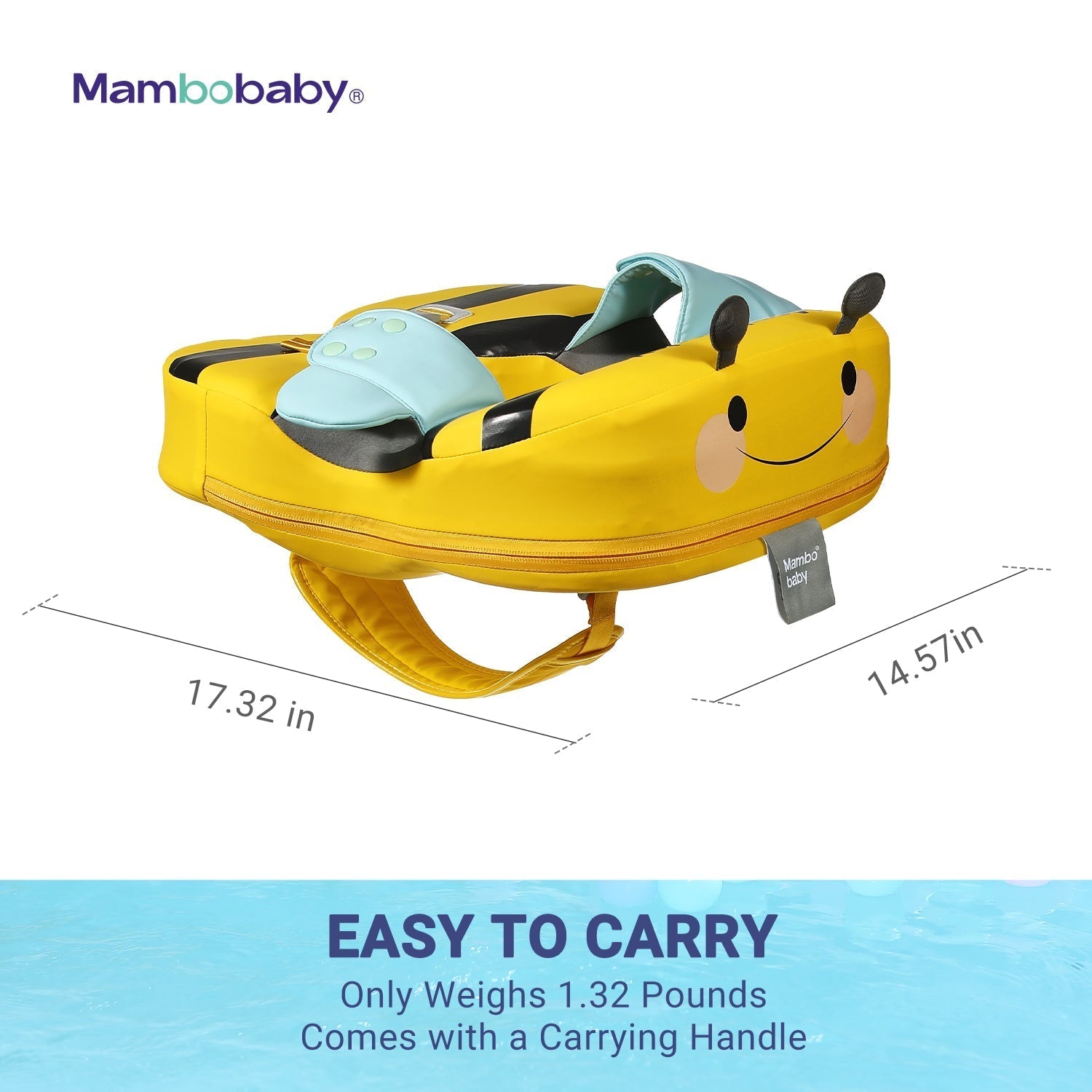 Size and weight dimensions for the Mambobaby™ Bee Shoulder Float. Optimized for children 8-36 months and 14-44 lbs.