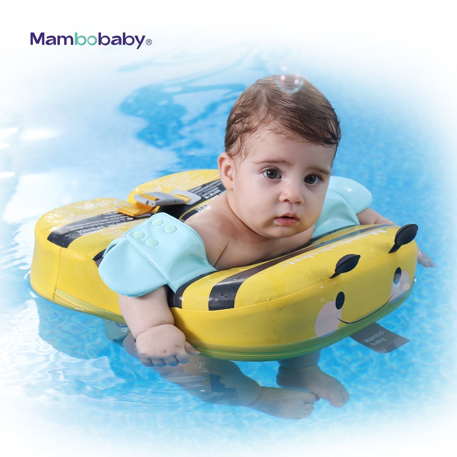 Demonstrating the stable upright swimming position allowed by the Mambobaby™ Bee Shoulder Float's lower center of gravity.