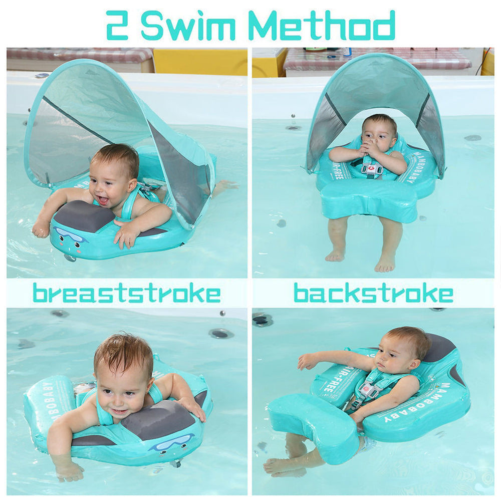 Diagram showing breaststroke and backstroke swimming positions supported by the Mambobaby™ swim trainer.