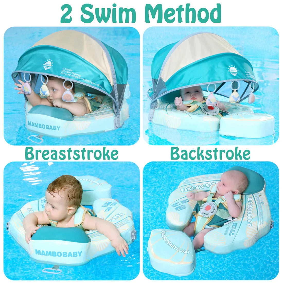 Mambobaby swim trainer positions: 40-degree breaststroke and backstroke to help UK babies build water confidence.