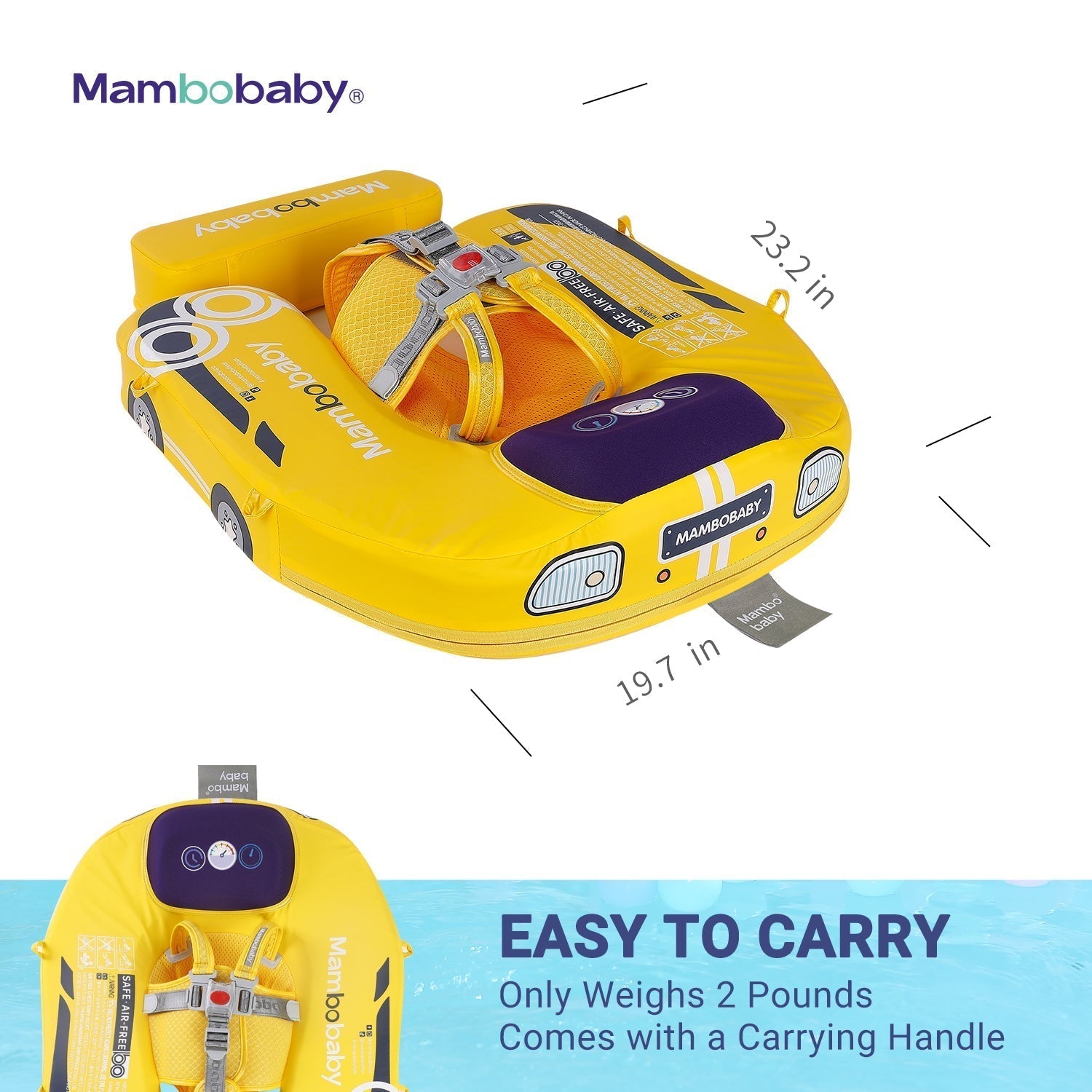 Technical dimensions and sizing specifications for the Mambobaby™ Car Float (50x50x14cm).