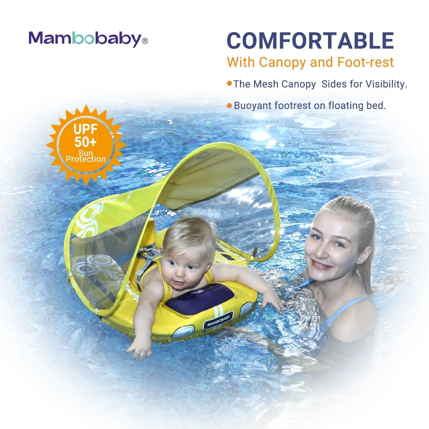 The Mambobaby™ Car Float equipped with a detachable UPF 50+ sunshade canopy for maximum UV protection.