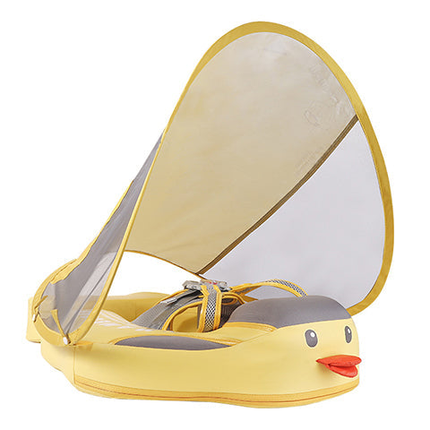 Original Mambobaby™ Duck Float in vibrant yellow, featuring a non-inflatable air-free design for UK pools and holidays.
