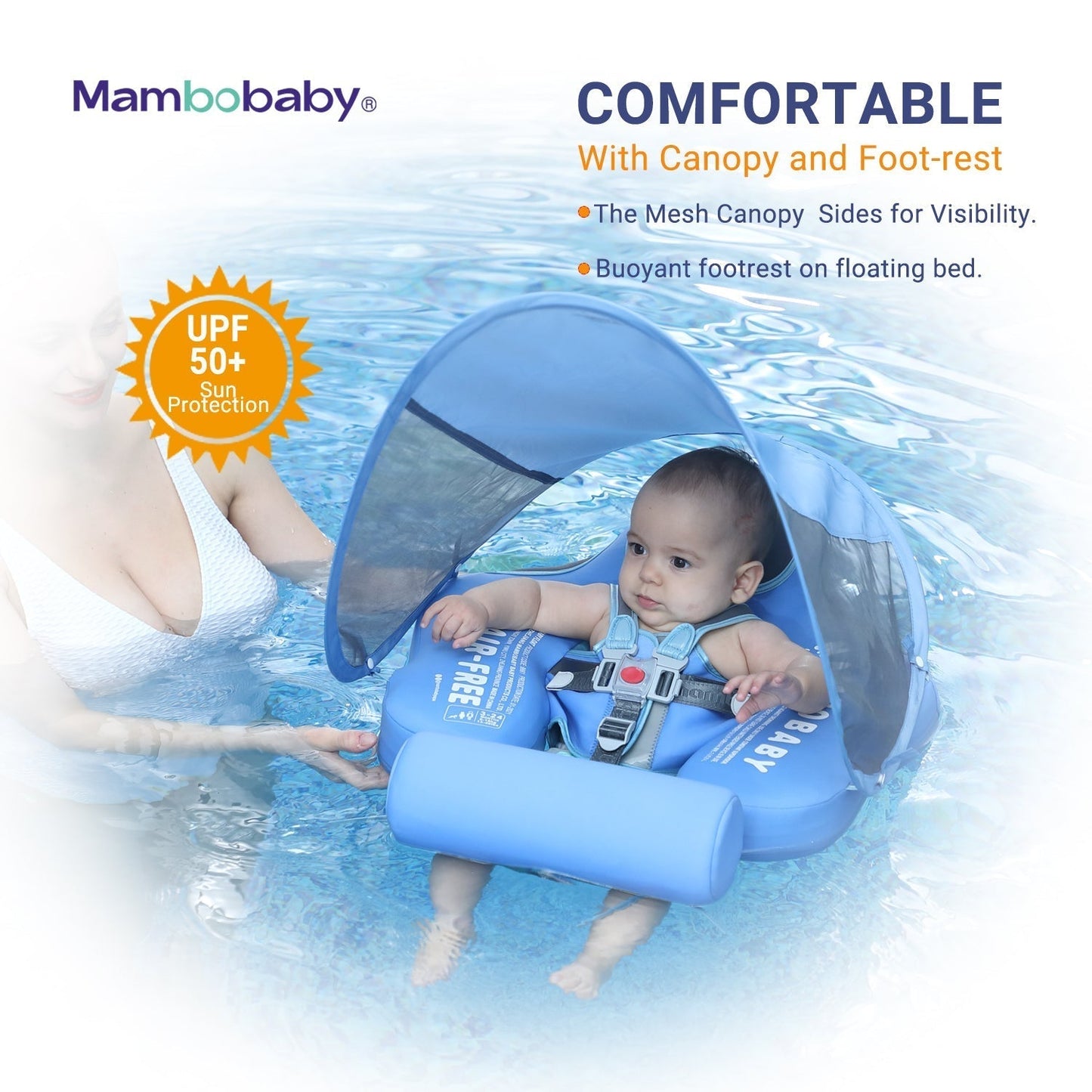 The Mambobaby™ Elephant Float with high-density UPF 50+ sunshade canopy for maximum UV protection.