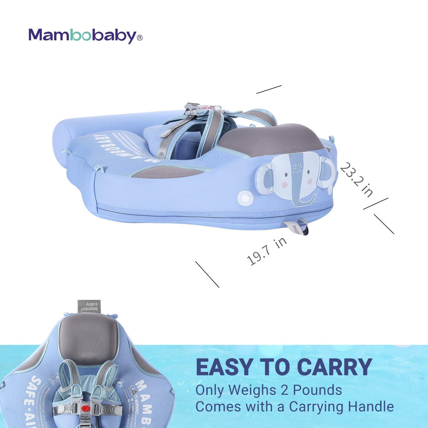Technical dimensions and sizing specifications for the Mambobaby™ Elephant Float (50x50x14cm).
