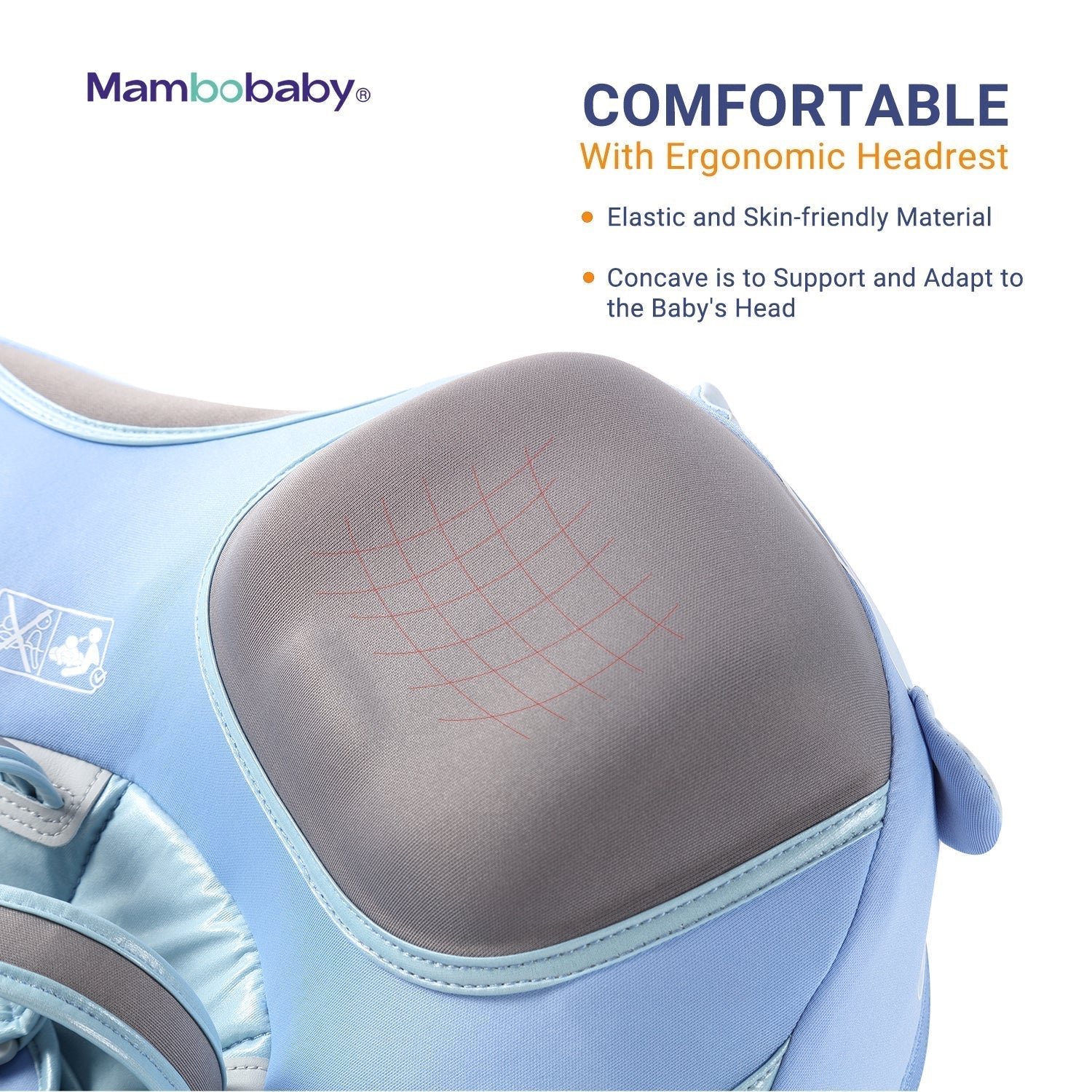 Close-up of the 45-degree ergonomic headrest on the Mambobaby™ Elephant Float for baby support and comfort.