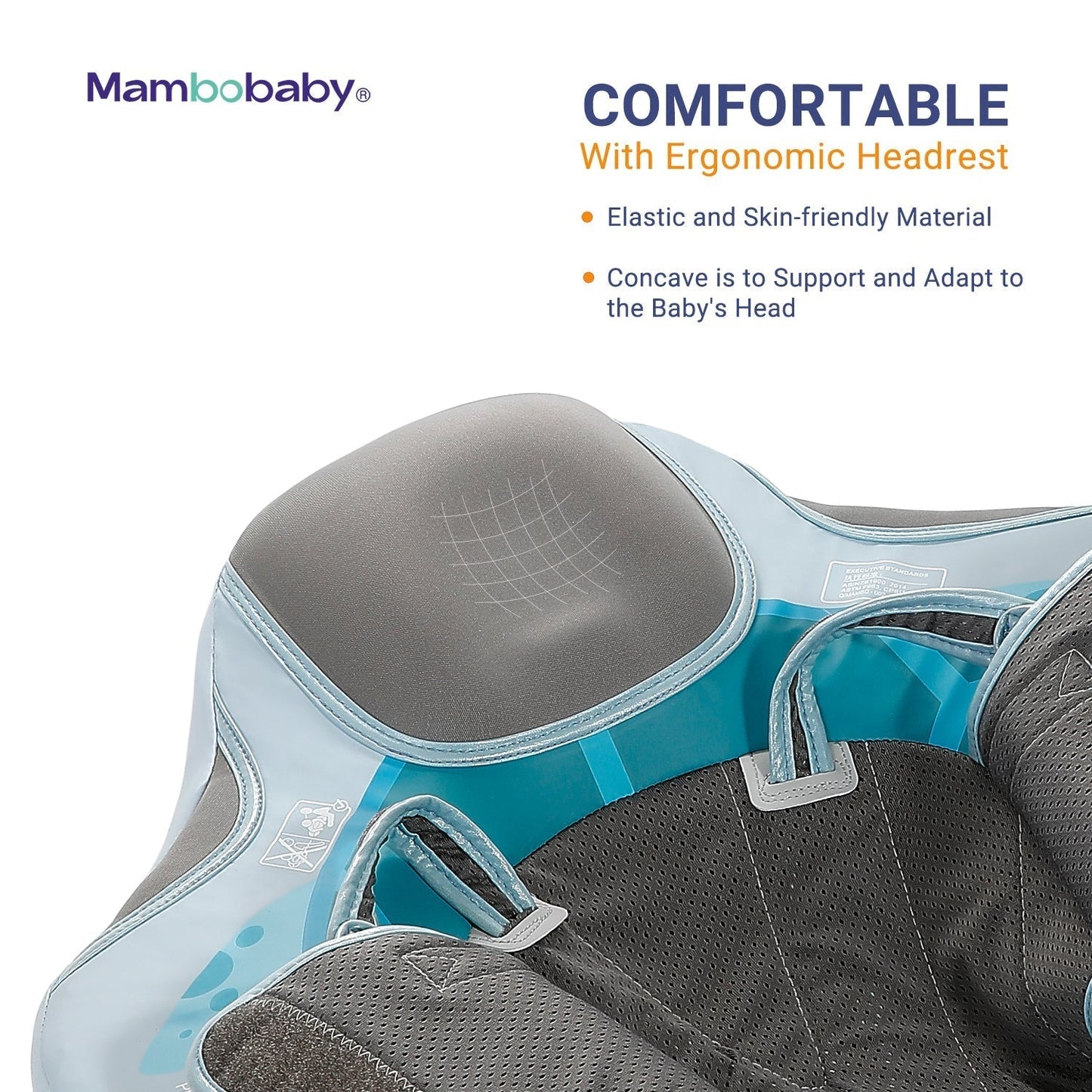Close-up of the 45-degree ergonomic headrest on the Mambobaby™ Turtle Float for lounge support.