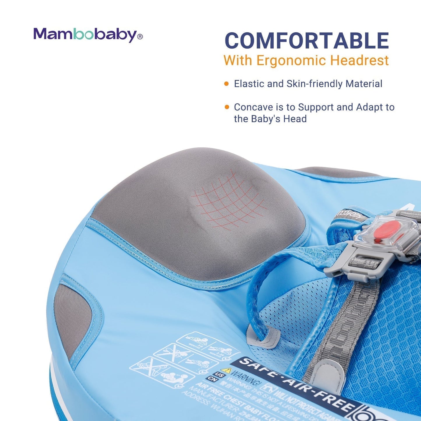 Close-up of the Mambobaby™ 45-degree ergonomic headrest for baby comfort and lounge support.