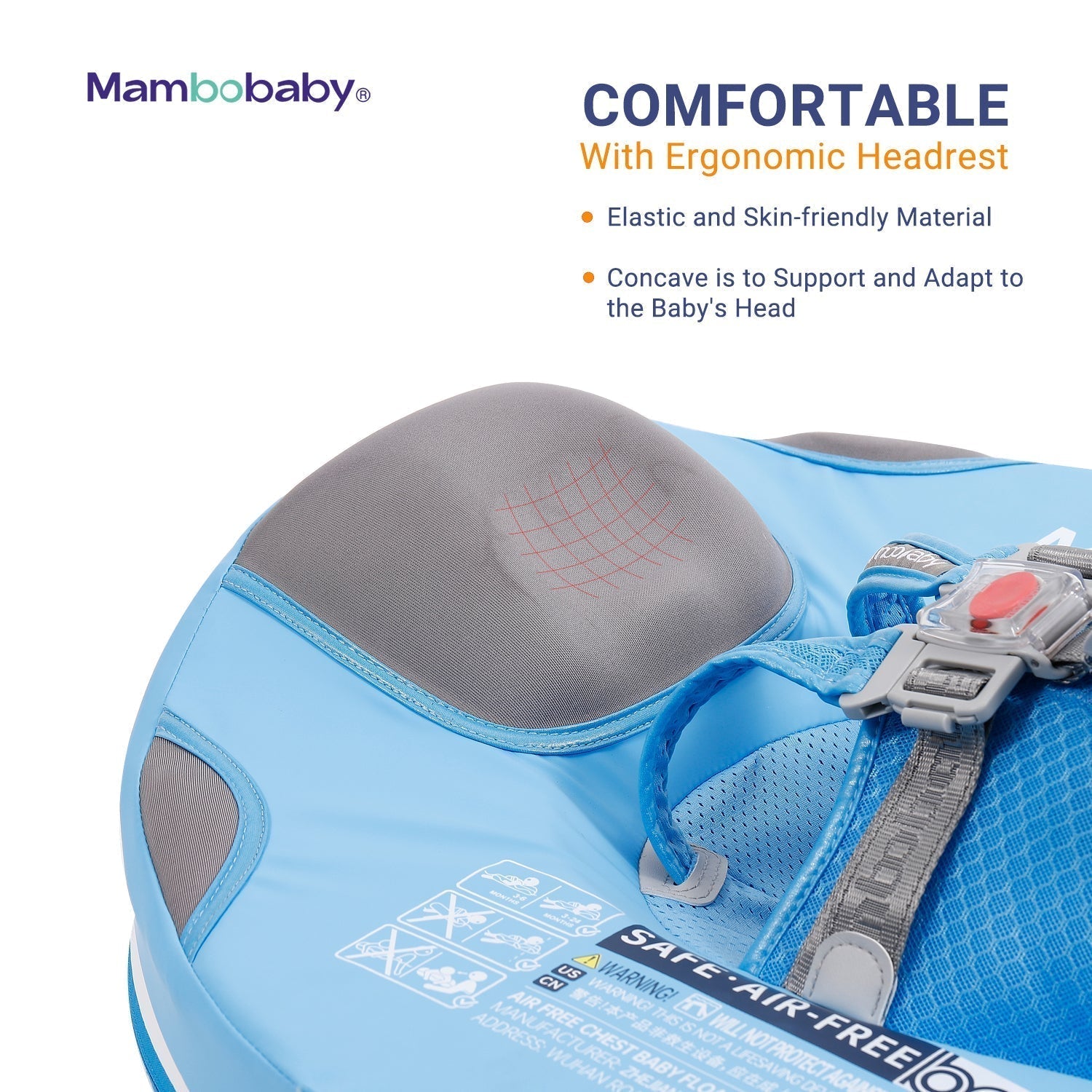 Close-up of the Mambobaby™ 45-degree ergonomic headrest for baby comfort and lounge support.