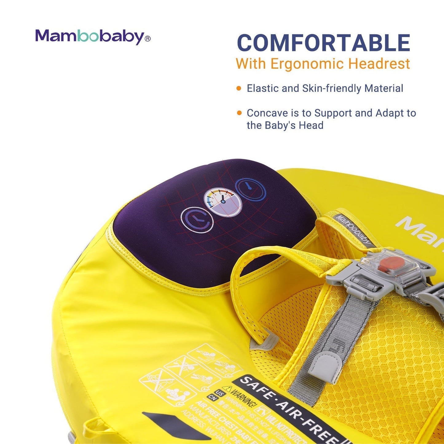 Close-up of the 45-degree ergonomic headrest on the Mambobaby™ Car Float for baby comfort.