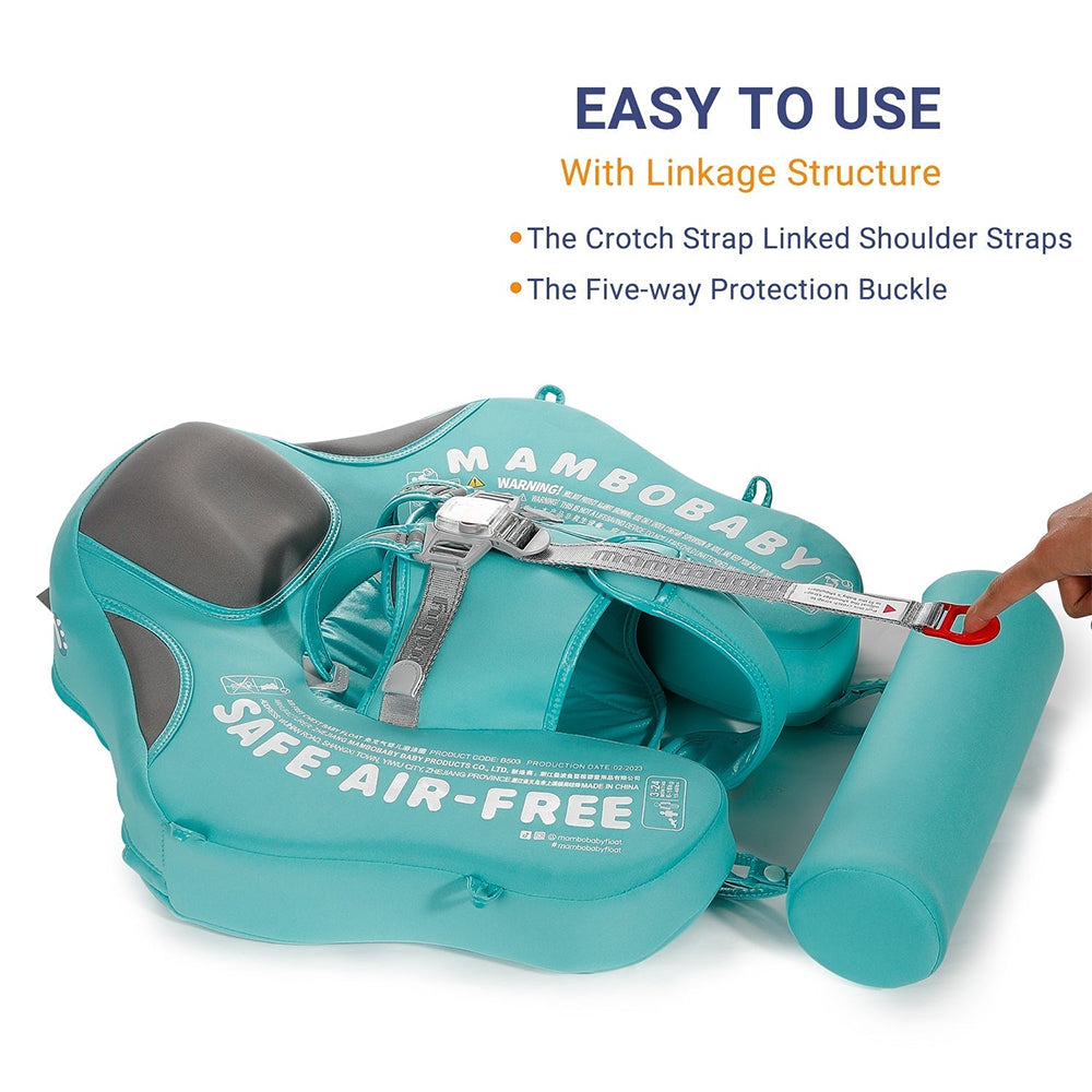 Close-up of the Mambobaby™ child-proof safety lock and unlock button on the 5-point harness system.