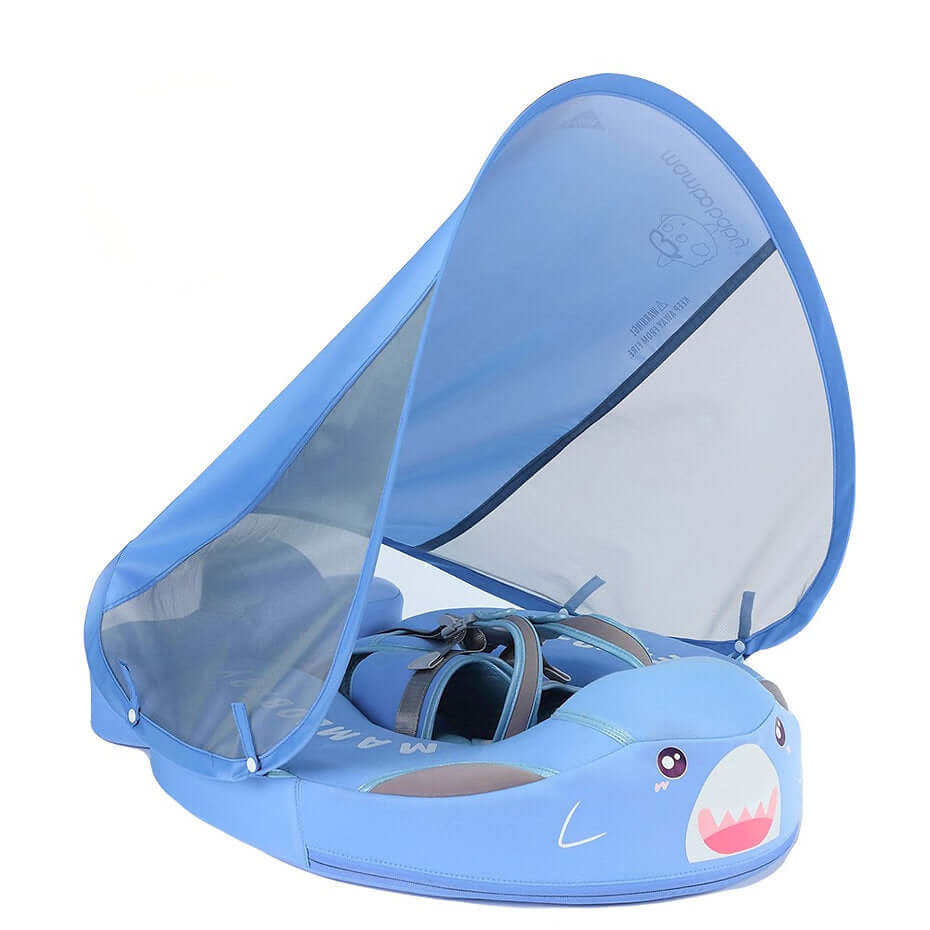 Original Mambobaby™ Playful Blue Requin baby float for UK pools. Non-inflatable air-free design for babies 3-24 months.