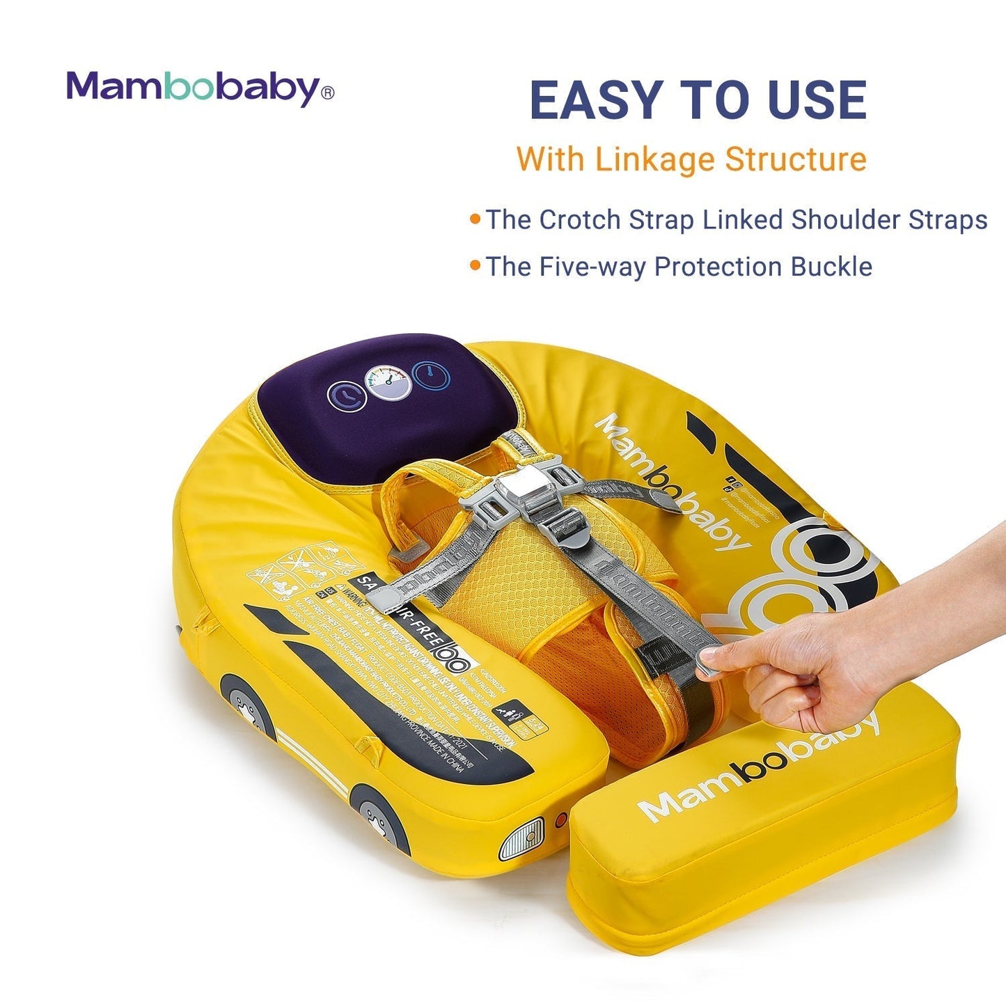 Instructional guide showing how to securely lock and unlock the Mambobaby™ 5-point safety system.