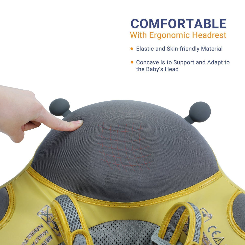 The ergonomic 45-degree headrest of the Mambobaby™ Ladybug Float, designed for baby comfort and support.