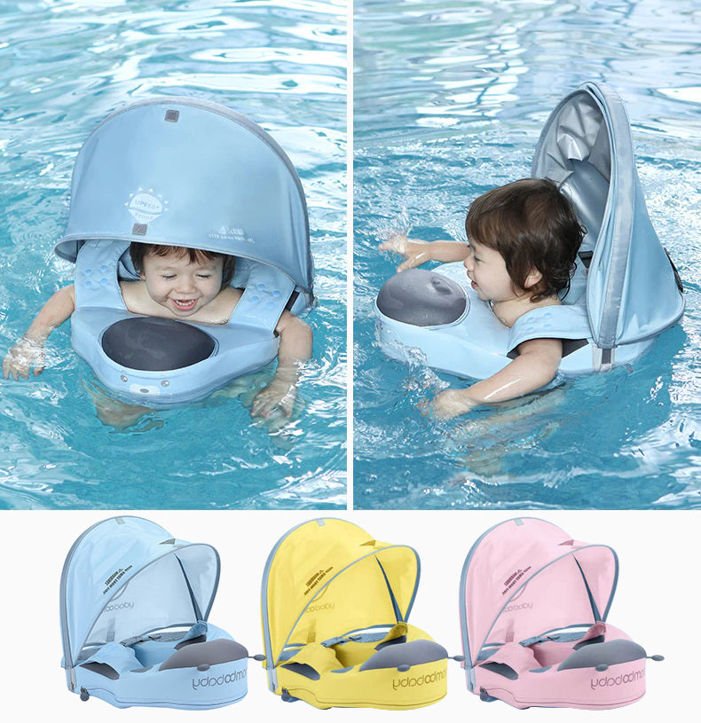 Diagram showing the natural vertical swimming position promoted by the Mambobaby™ Ladybug Shoulder Float.