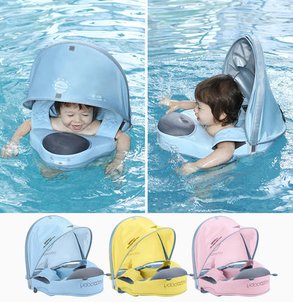 Diagram showing the natural vertical swimming position promoted by the Mambobaby™ Ladybug Shoulder Float.