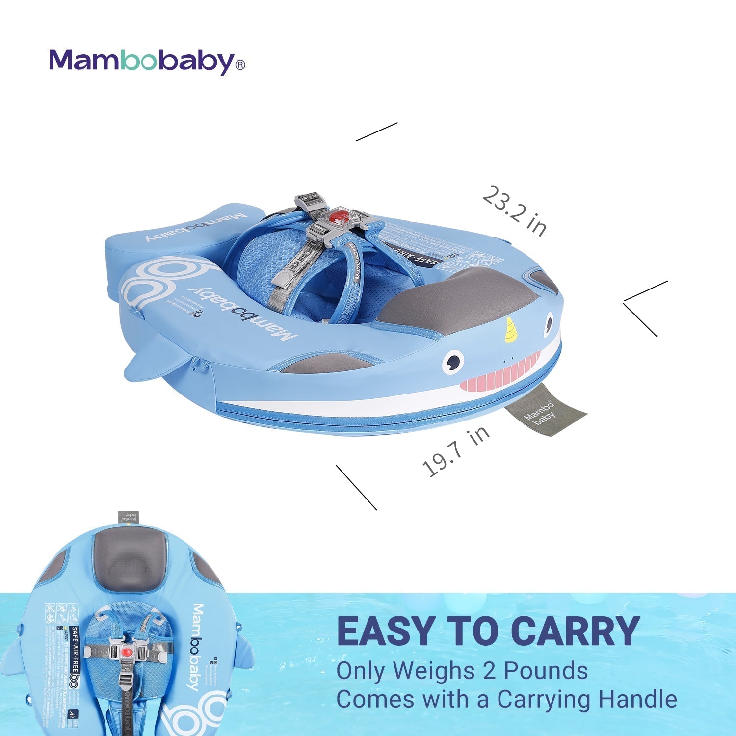 Technical dimensions and size chart for the Mambobaby™ Narwhal baby pool float.