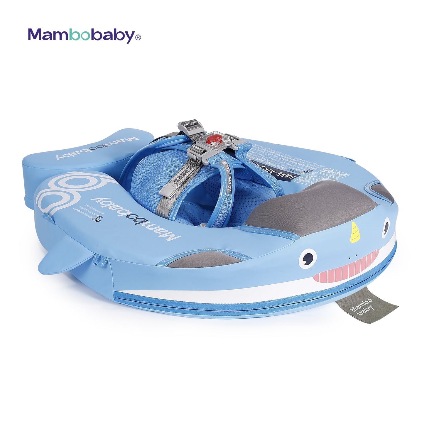 Original Mambobaby™ Narwhal Float in light blue with UPF 50+ canopy, a non-inflatable baby pool float for UK infants.