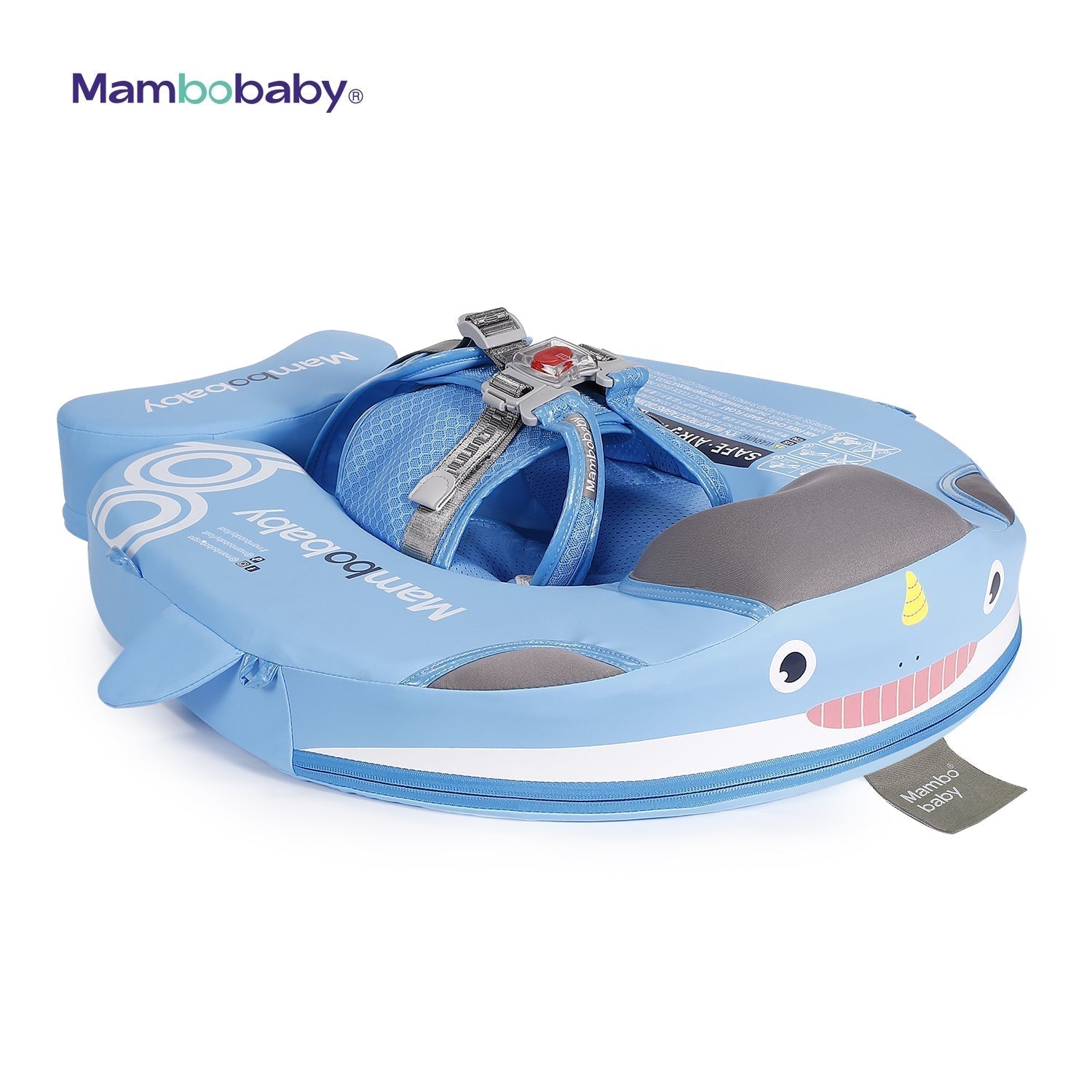 Original Mambobaby™ Narwhal Float in light blue with UPF 50+ canopy, a non-inflatable baby pool float for UK infants.