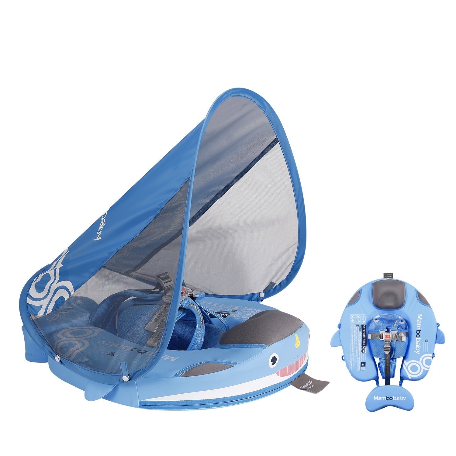 Original Mambobaby™ Narwhal Float in light blue with UPF 50+ canopy, a non-inflatable baby pool float for UK infants.