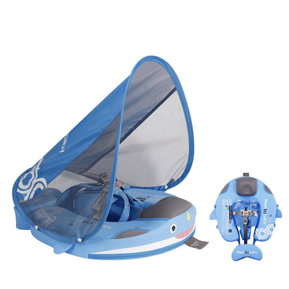 Original Mambobaby™ Narwhal Float in light blue with UPF 50+ canopy, a non-inflatable baby pool float for UK infants.