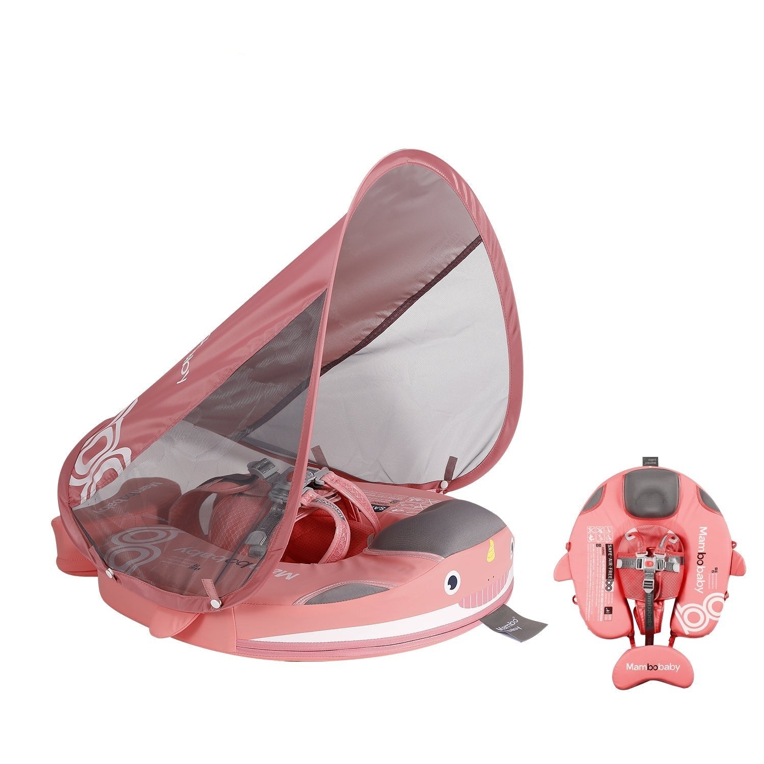 Original Mambobaby™ Narwhal Float in light blue with UPF 50+ canopy, a non-inflatable baby pool float for UK infants.