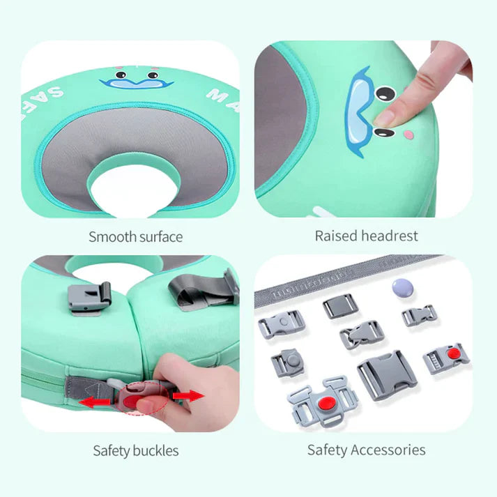 Detail of Mambobaby™ safety buckles, smooth surface, and raised headrest support.