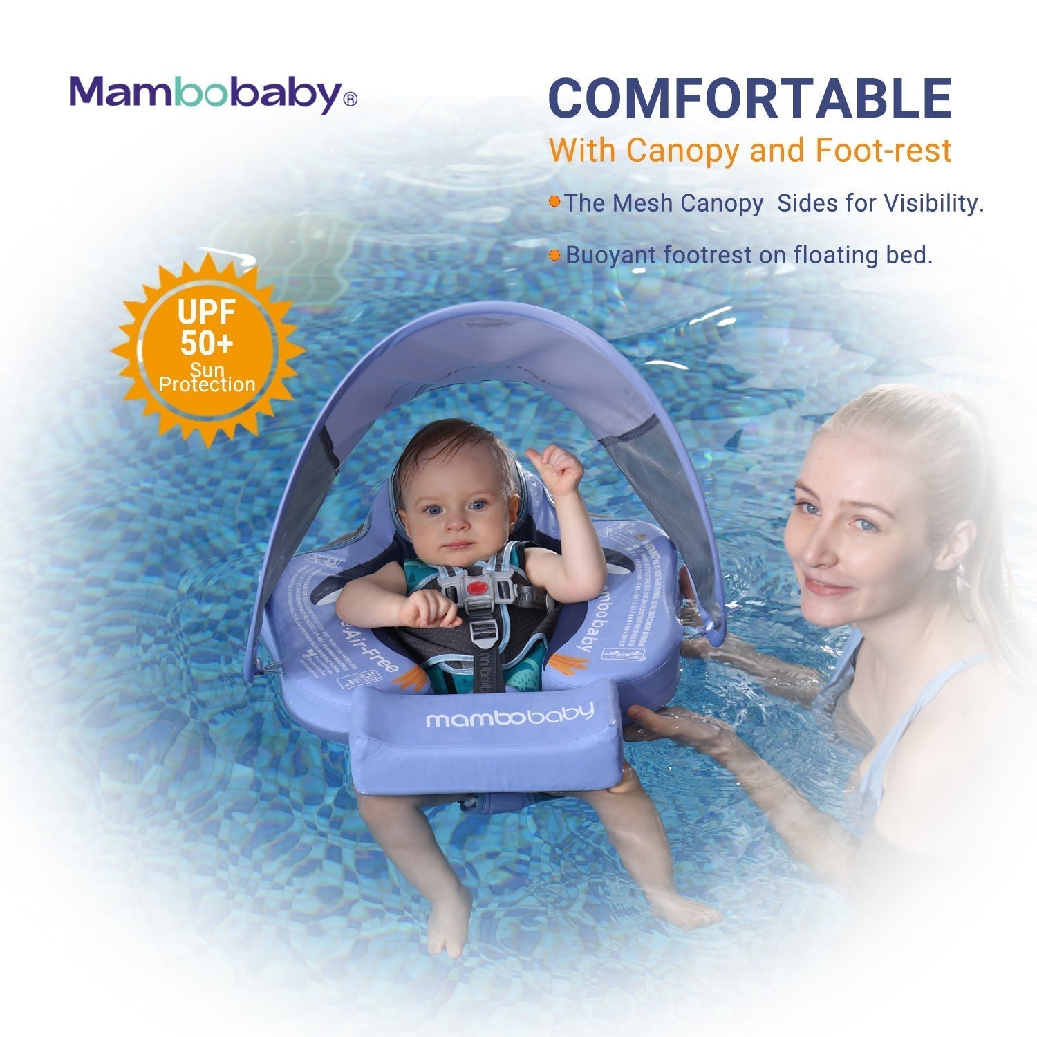 The original Mambobaby™ Penguin Air-Free Float in vibrant blue, featuring the professional safety tail for UK pool use.