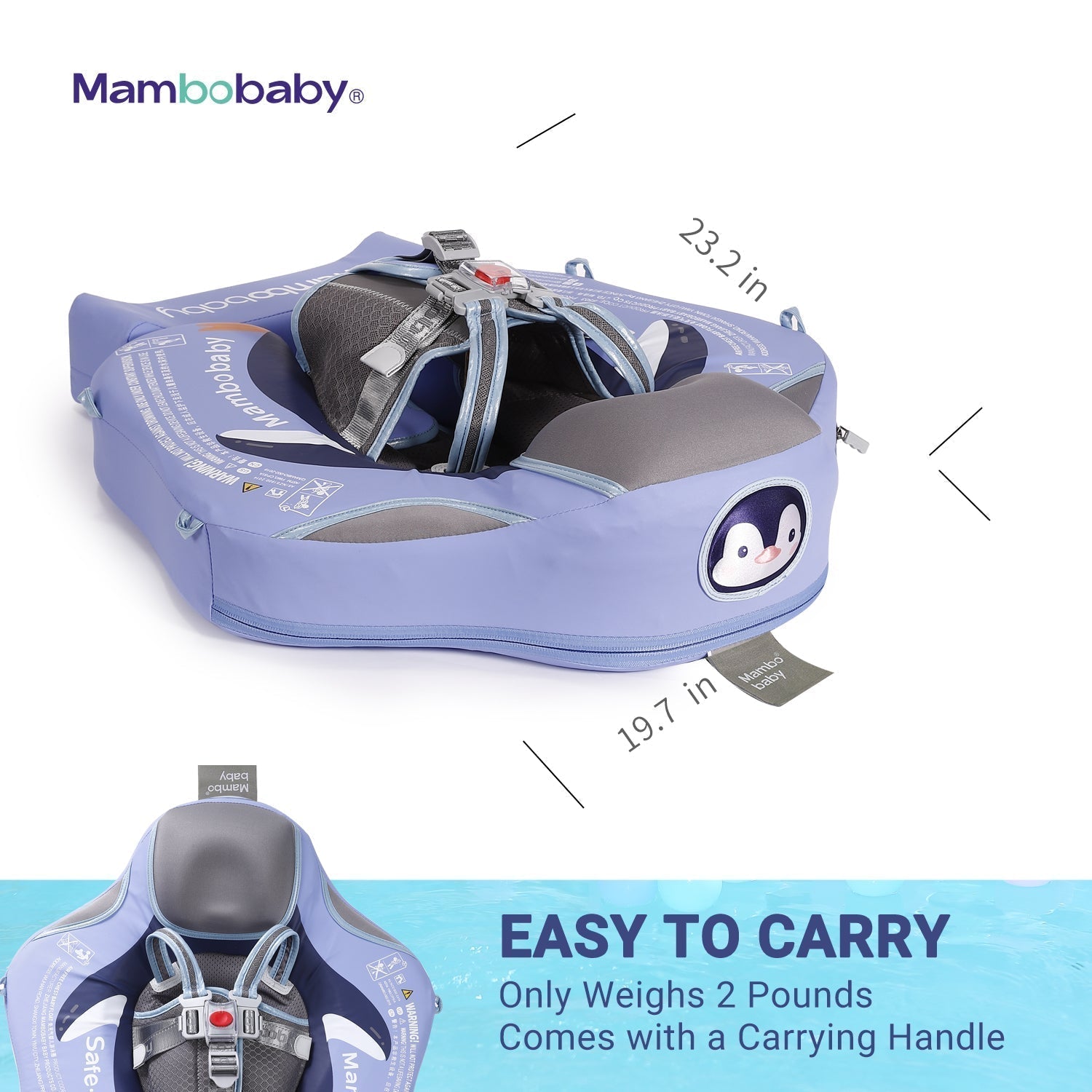 Size specifications for the Mambobaby™ Penguin Float: 50x50cm. Suitable for babies 13-40 lbs (6-18kg).
