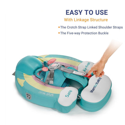 Demonstrating the quick-clip and easy-to-use safety design of the Mambobaby™ Rainbow Float for holiday travel.