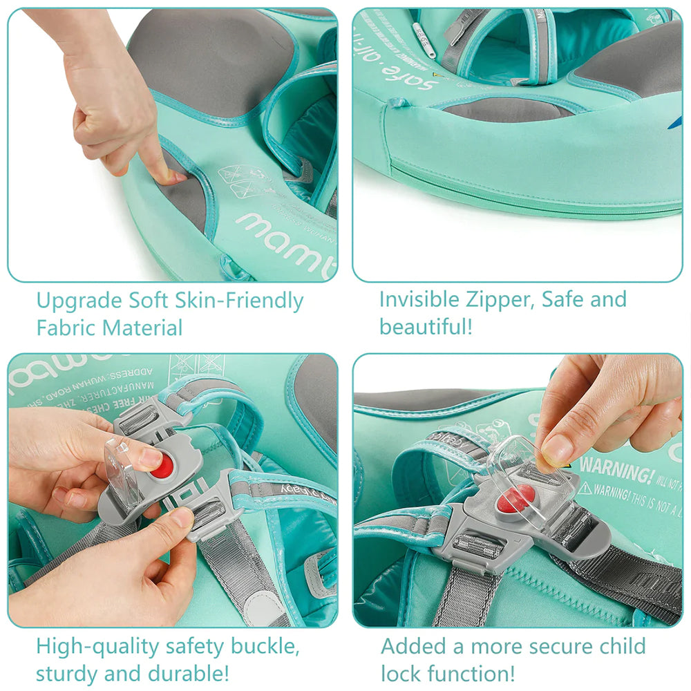 Close-up of the child-proof lock and unlock button on the Mambobaby™ 5-point safety harness system.