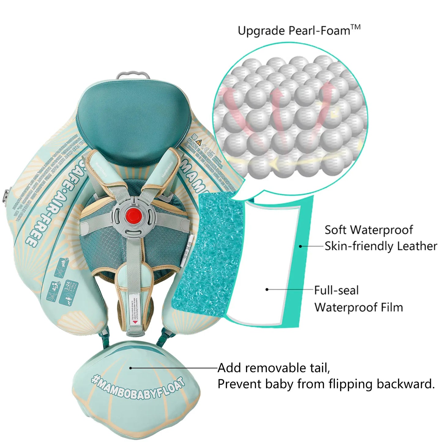 Size and weight specifications for the Mambobaby Seashell float layers. Fits babies 5kg to 18kg (11-40 lbs).
