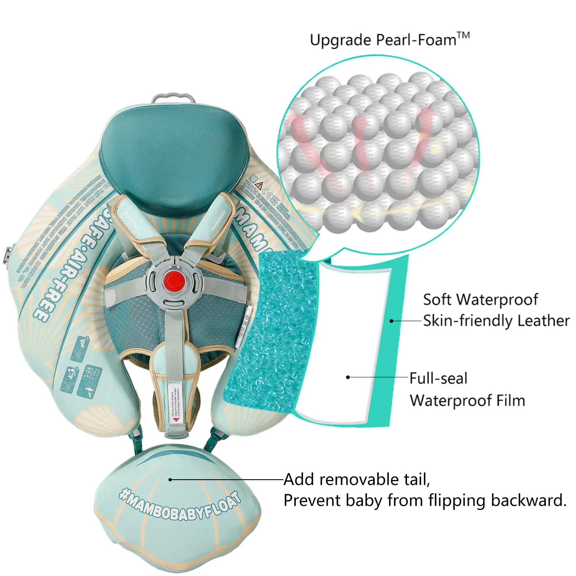 Size and weight specifications for the Mambobaby Seashell float layers. Fits babies 5kg to 18kg (11-40 lbs).
